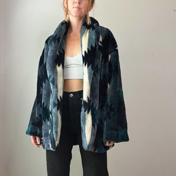 Vintage Style Blue Striped Boho Printed Teddy Open Front Coat - Picture 4 of 7